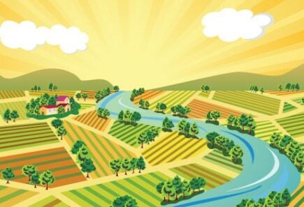 Rendering of river running through agricultural fields
