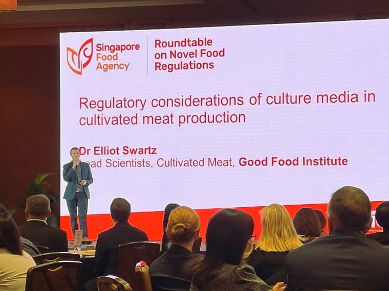 Gfi lead scientist dr. Elliot swartz presents regulatory considerations for cultivated meat at a singapore food agency event attended live and virtually by 200 global regulators and industry leaders.