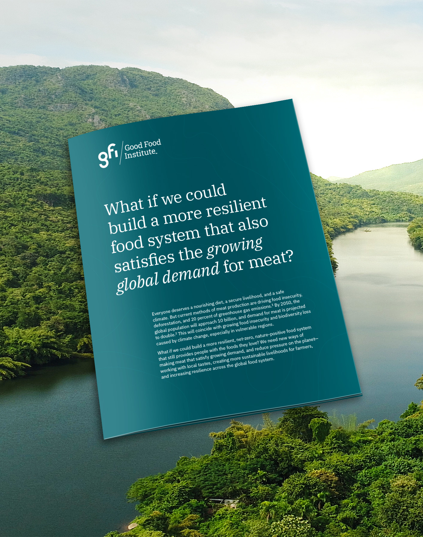 Case study flyer over a natural landscape background