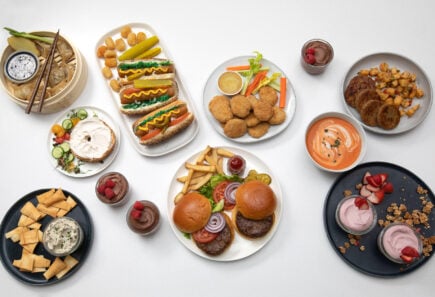 A spread of plant-based foods from nature's fynd, from above
