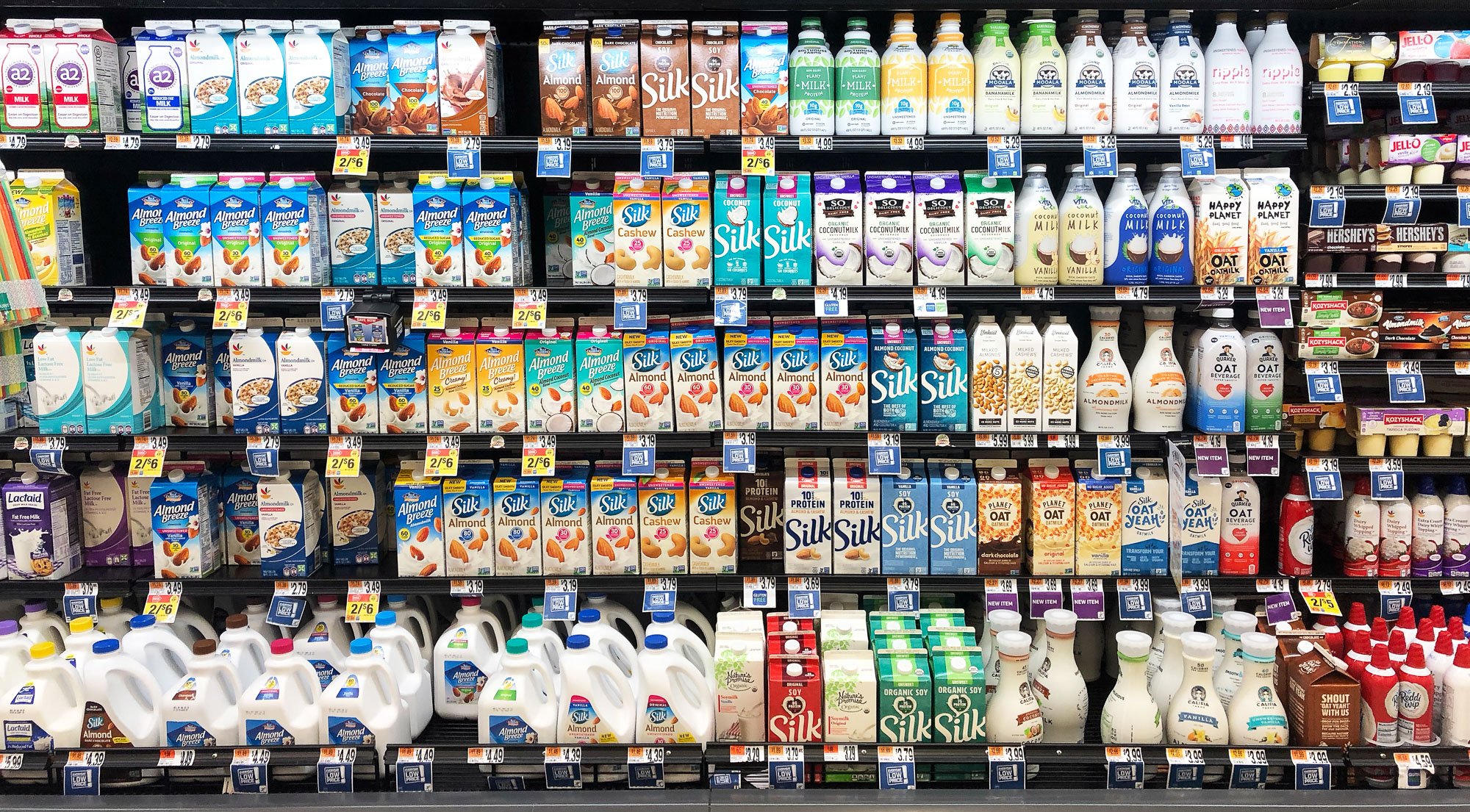 Plant-based milk is merchandised next to cow-based milk at giant foods.