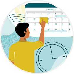 An illustration of a person pointing to a calendar