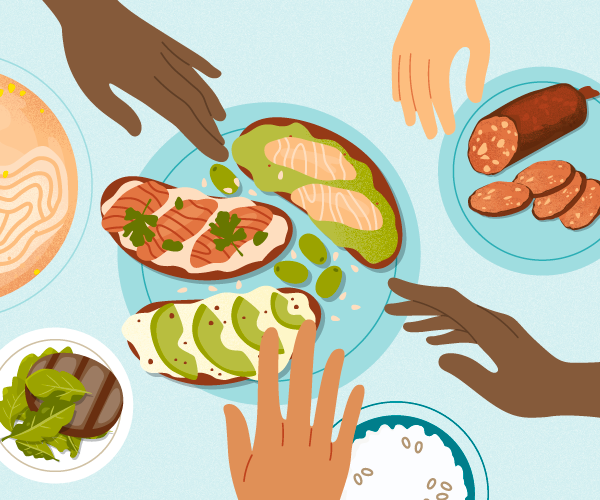 Illustration of hands reaching for food at a table