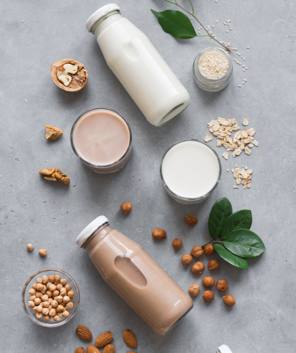 Plant based milk bottles and ingredients artistically arranged on a gray stone background