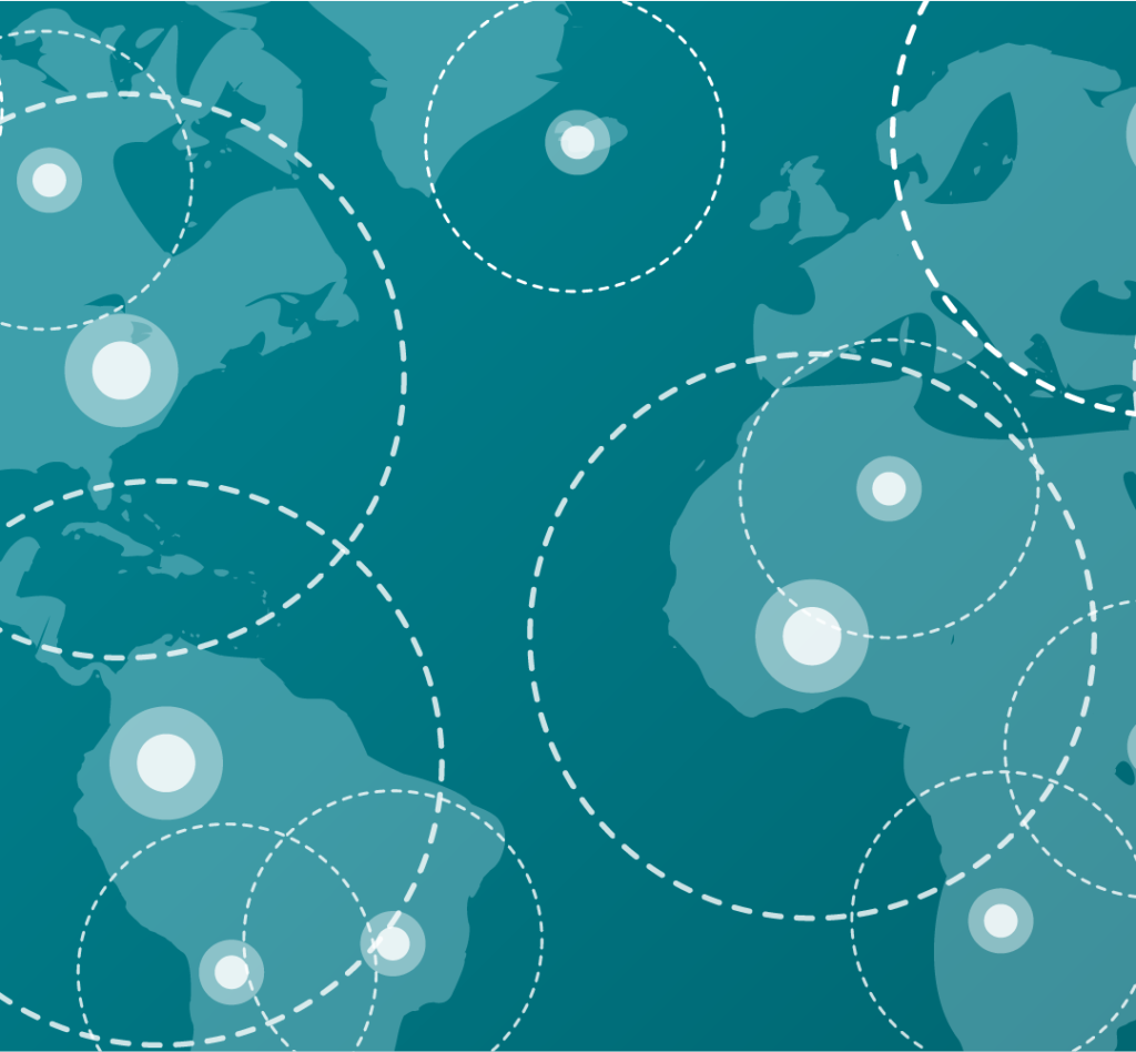 World map graphic with circles representing communication and global collaboration